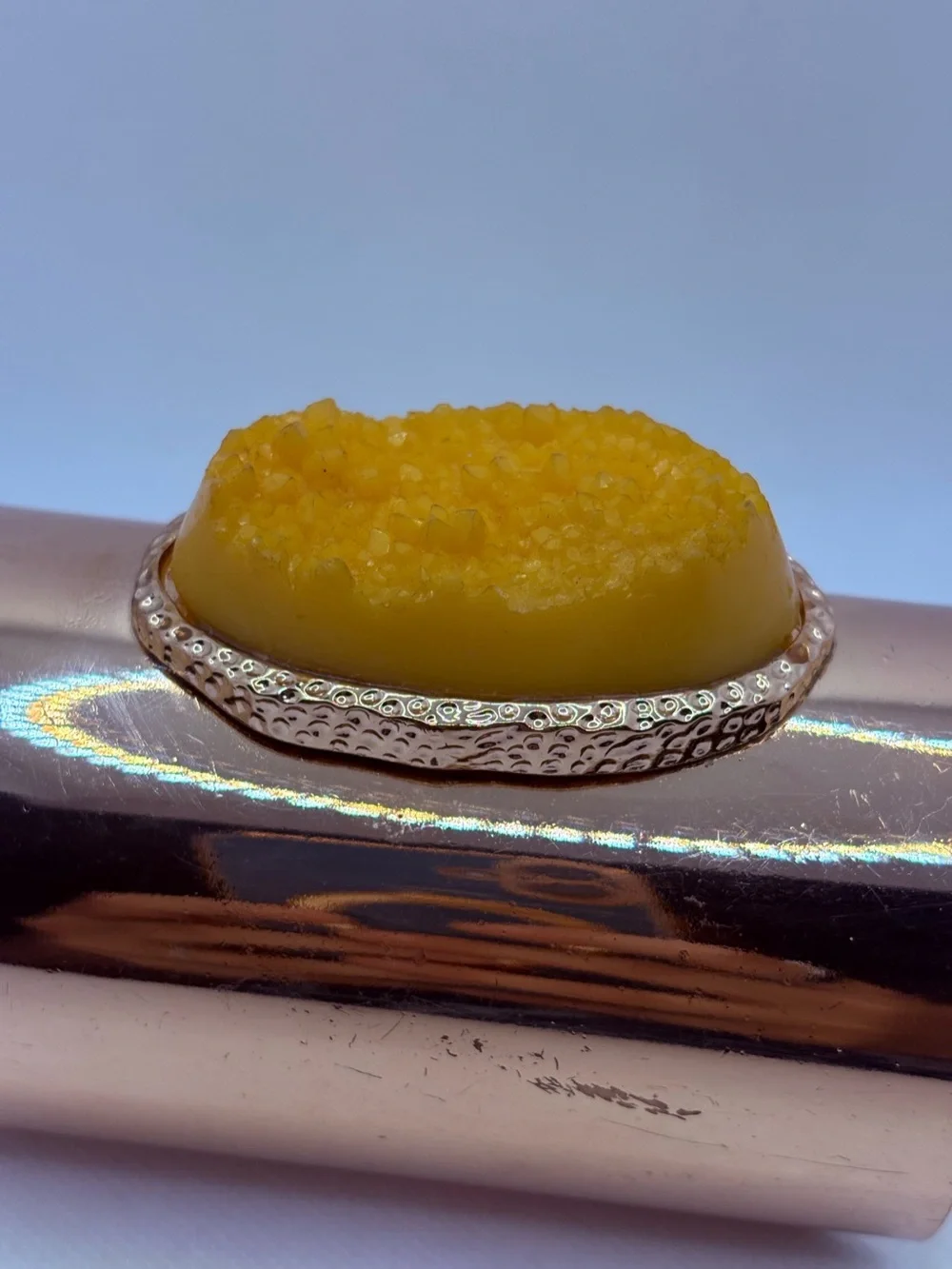 Large Faux Druzy Yellow Brass Cuff Bracelet 4” Hammered Adjustable